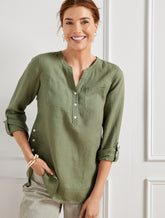 Side Button Linen Band Collar Popover