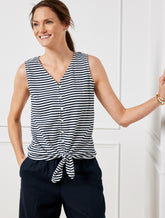 Tie Hem Button Front Tank - Coastal Stripe