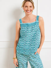 Linen Square Neck Shell - Oval Medallion