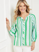 Pintuck Button Front Top - Cruise Stripe
