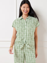 Tie Hem Button Front Linen Top - Pretty Medallion