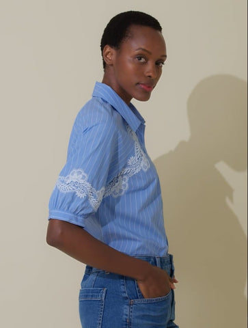 Lace Trim Poplin Shirt - Crisp Stripe