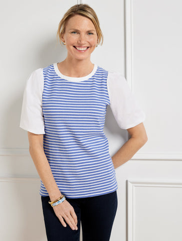 Woven Sleeve Crewneck Tee - Scallop Stripe