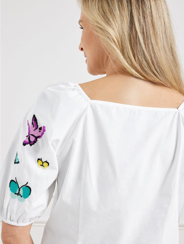 Embroidered Poplin Top - Scattered Butterfly