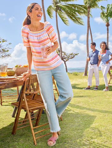 Square Neck Linen Top - Palm Stripe