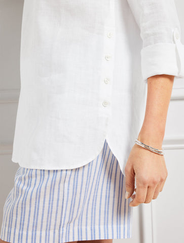 Side Button Linen Band Collar Popover
