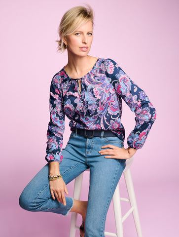 Gathered Tie Neck Top - Swirl Floral