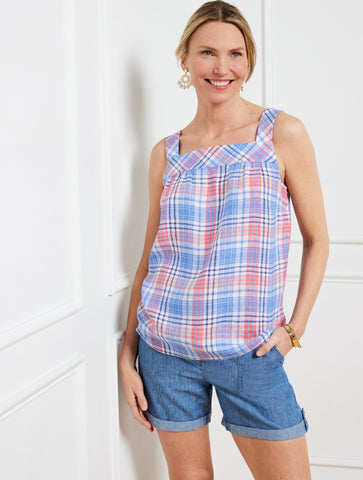 Linen Square Neck Shell - Paradise Plaid
