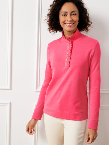 Ruffle Placket Mockneck Pullover