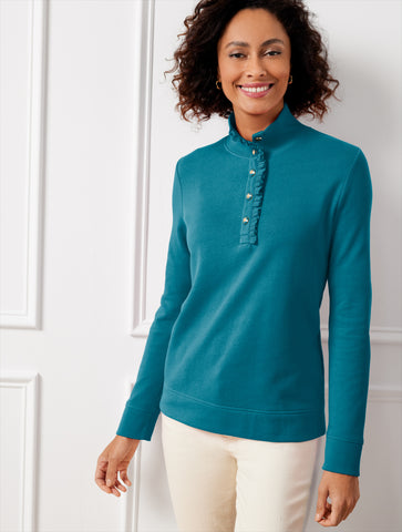 Ruffle Placket Mockneck Pullover