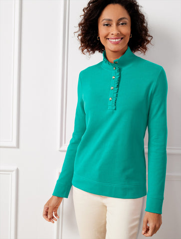 Ruffle Placket Mockneck Pullover