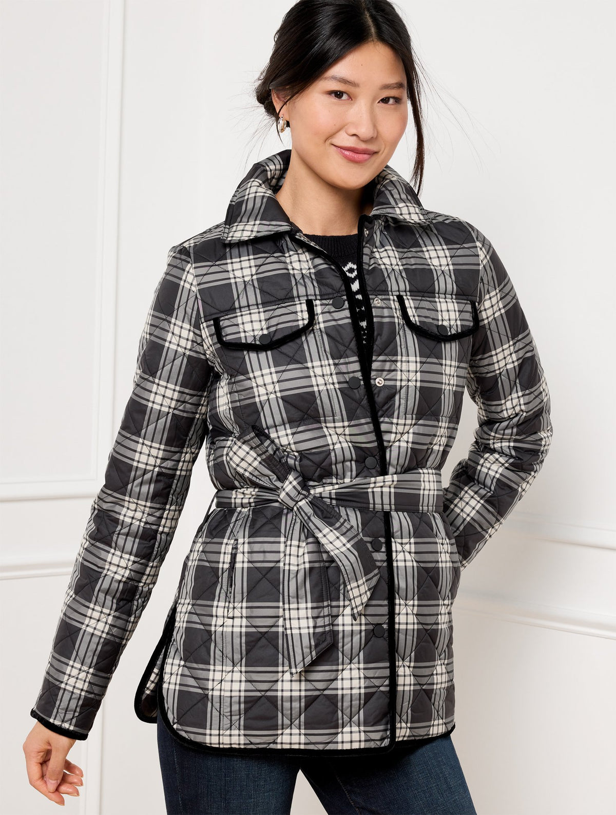 Tie Waist Quilted Shirt Jacket - Traditional Plaid