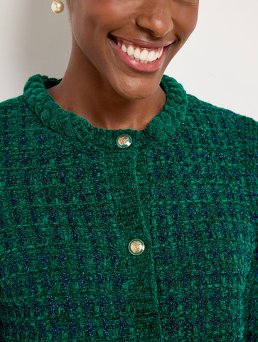 Chenille Crewneck Cardigan - Metallic Plaid