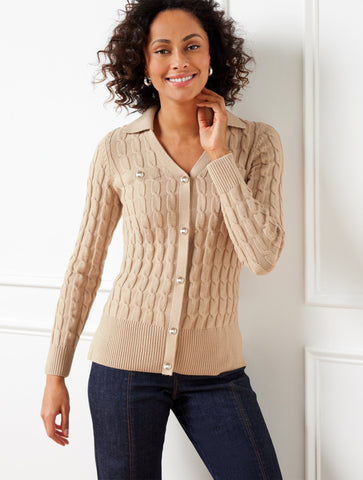 Mixed Cable Knit Polo Cardigan