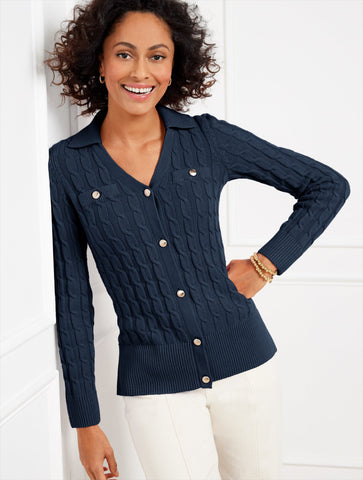 Mixed Cable Knit Polo Cardigan