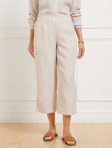 Wide Crop Pull-On Washed Linen Pants - Cross Dyed
