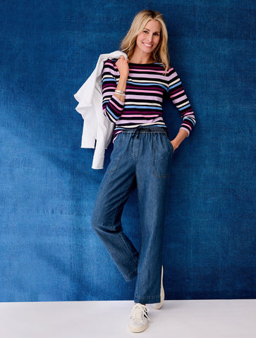 Straight Leg Drawstring Pants - Chambray