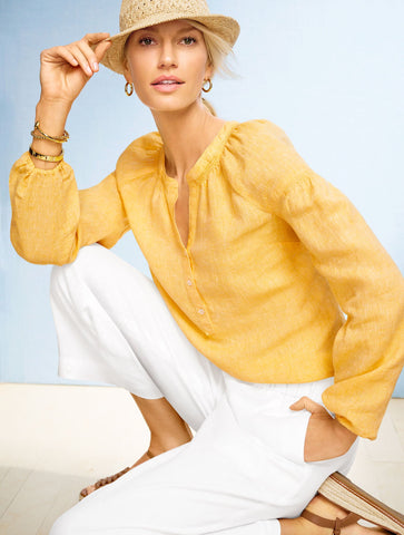 Lantern Sleeve Linen Top - Cross Dyed