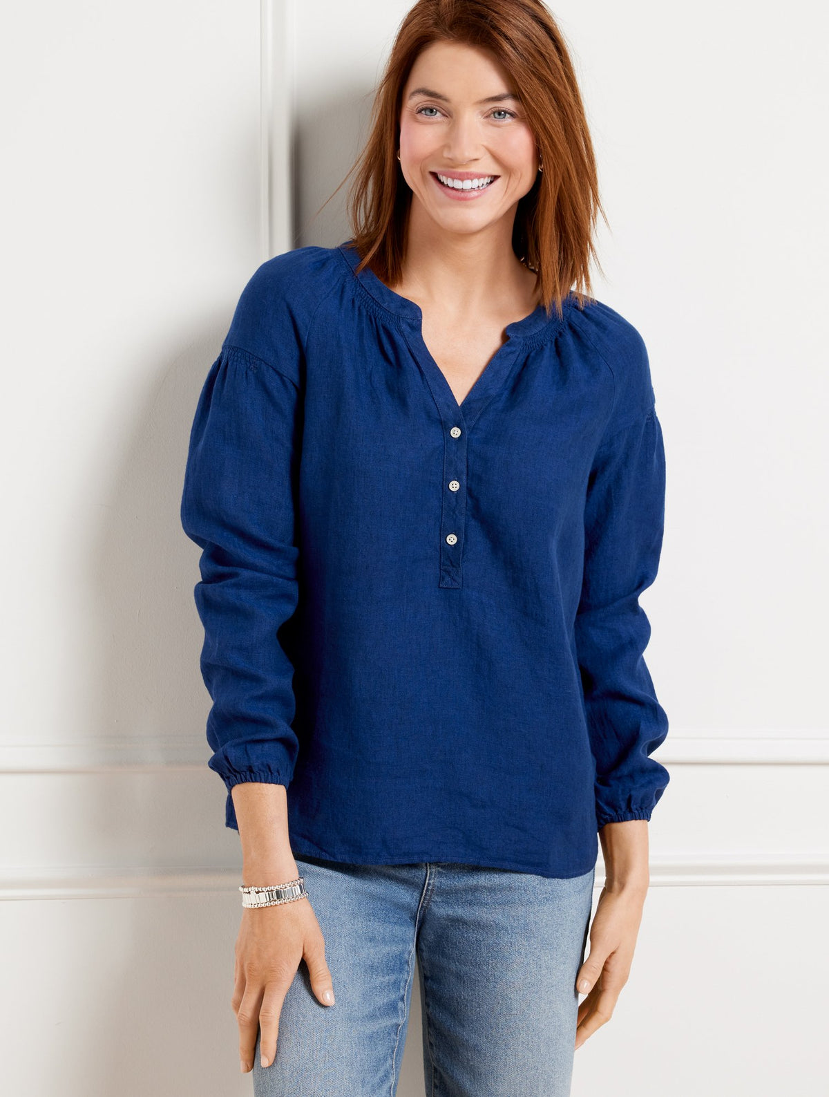 Lantern Sleeve Linen Top - Delave