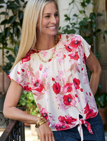 Tie Hem Top - Watercolor Bouquets