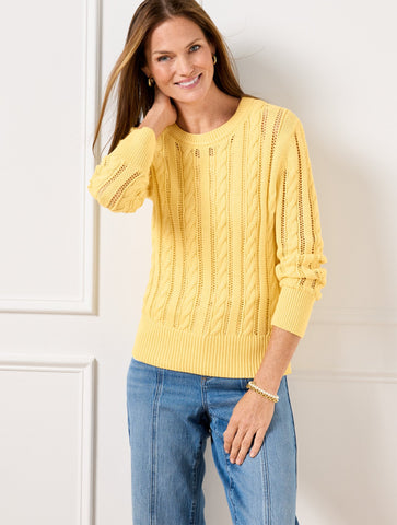 Open Knit Cable Crewneck Sweater