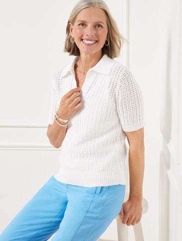 Pointelle Stitch Polo Sweater