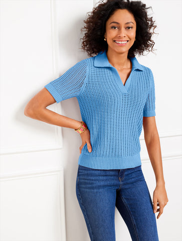 Pointelle Stitch Polo Sweater
