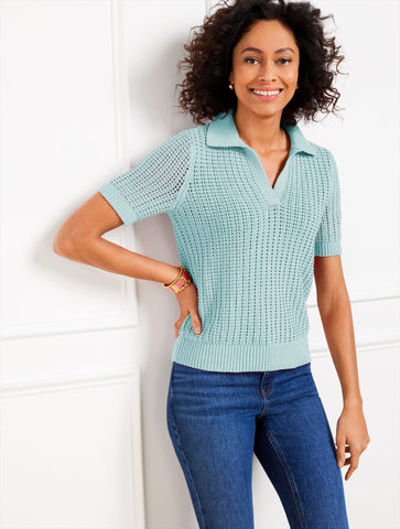 Pointelle Stitch Polo Sweater