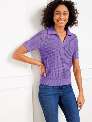 Pointelle Stitch Polo Sweater