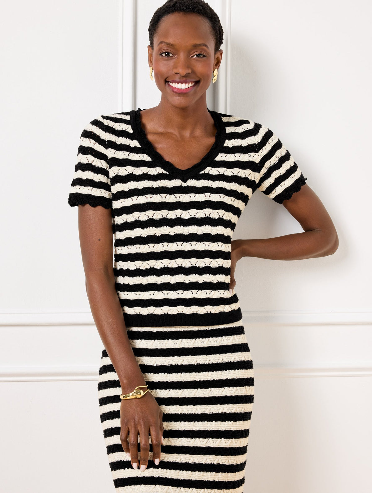 Pointelle Stripe Short Sleeve Sweater