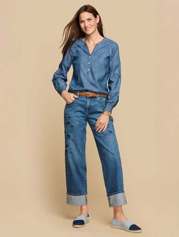 Wide Straight Ankle Embroidered Cuff Jeans - Botanica Wash