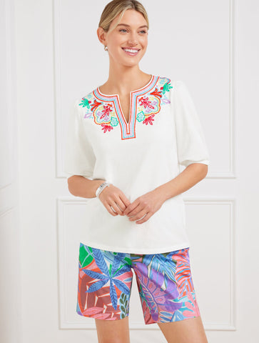 Embroidered Split Neck Top