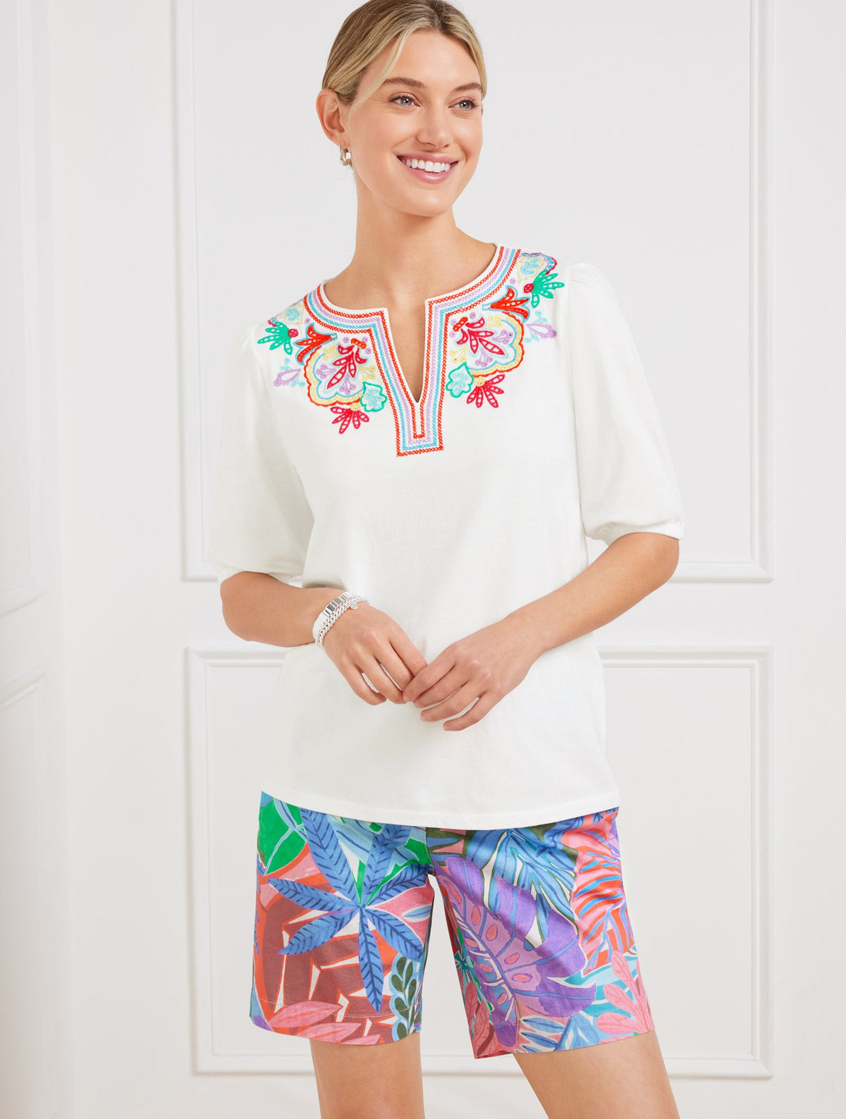 Embroidered Split Neck Top