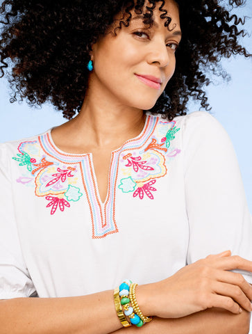 Embroidered Split Neck Top