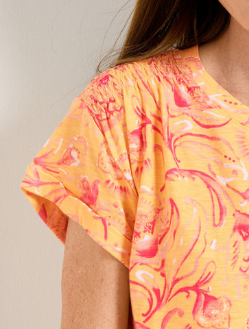 Smocked Shoulder Crewneck Tee - Jacobean Fantasia