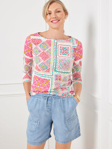 Bateau Neck Tee - Painterly Tiles