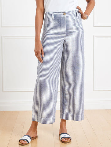 Wide Crop Patch Pocket Washed Linen Pants - Tailored Stripe