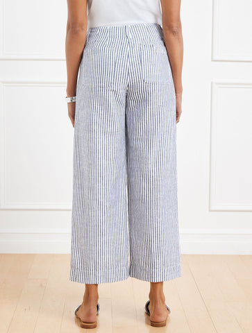 Wide Crop Patch Pocket Washed Linen Pants - Tailored Stripe