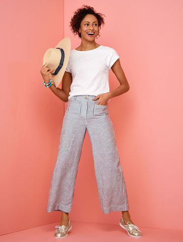 Wide Crop Patch Pocket Washed Linen Pants - Tailored Stripe