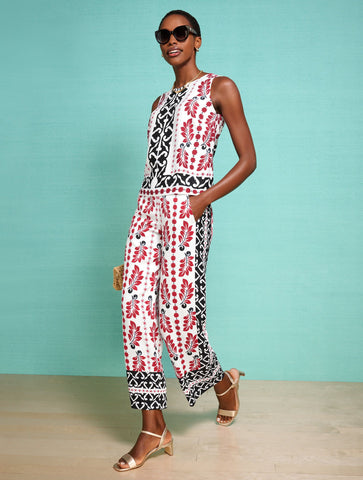 Wide Crop Pull-On Pants - Geometric Palm