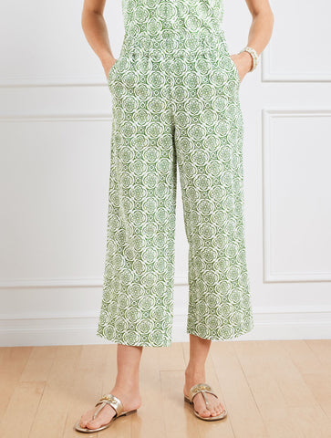 Wide Crop Washed Linen Pants - Pretty Medallion