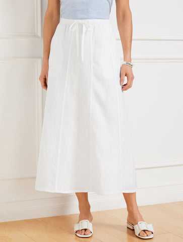 Linen Drawstring Midi Skirt - White