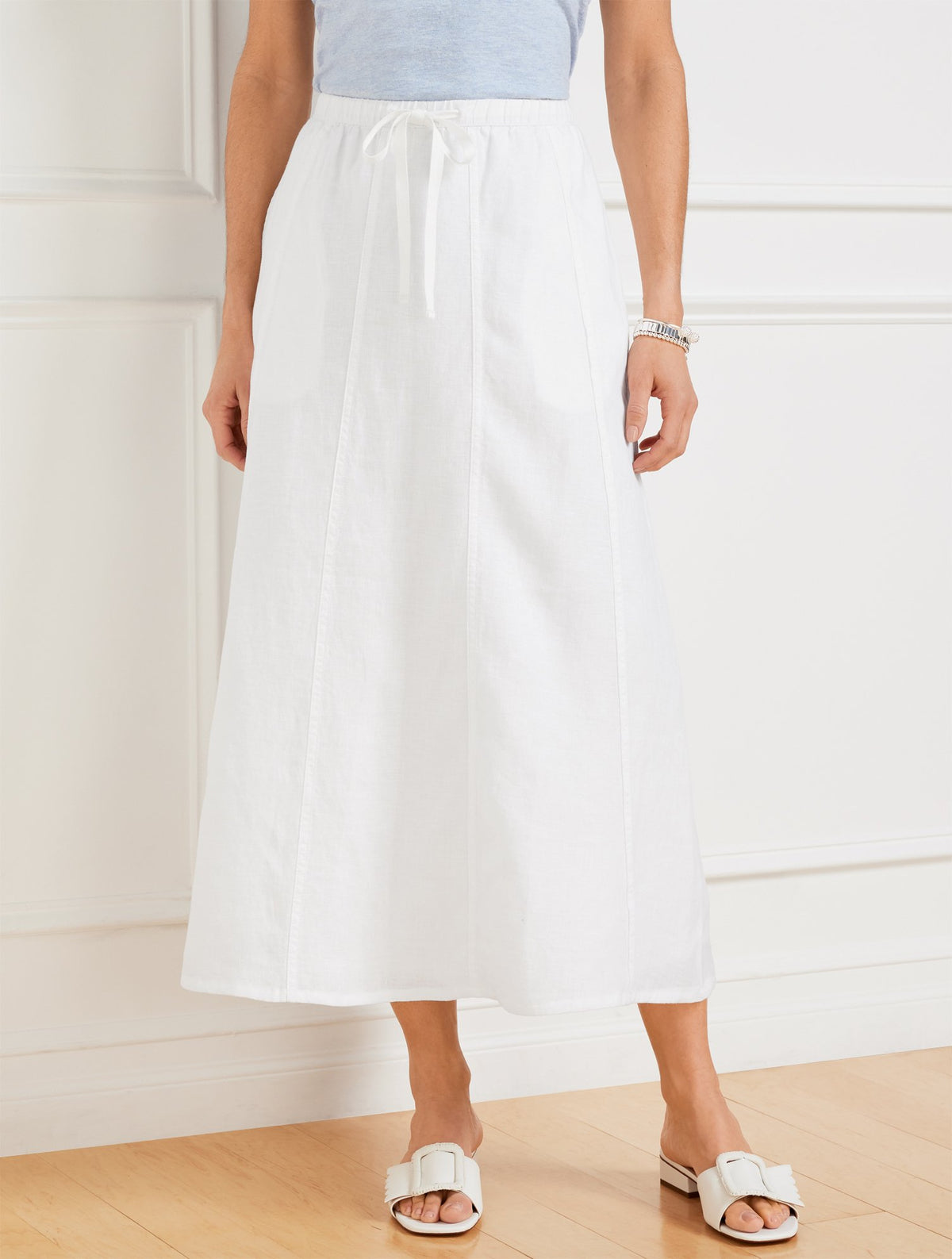 Linen Drawstring Midi Skirt - White