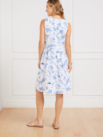 Linen Blend Swing Dress - Ocean Flora