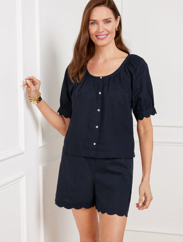 Scallop Cuff Linen Cotton Top