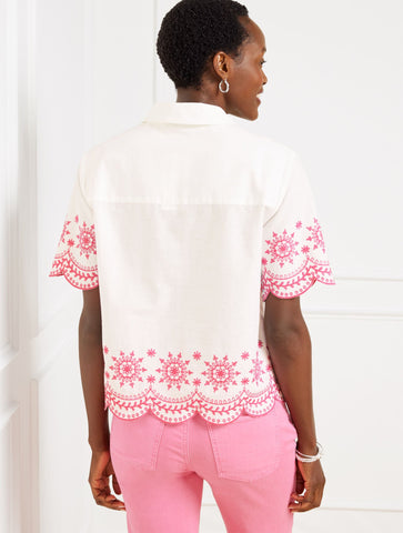 Embroidered Linen Cotton Short Shirt - Scallop Medallion