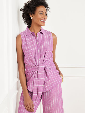 Tie Front Linen Shell - Riviera Stripe