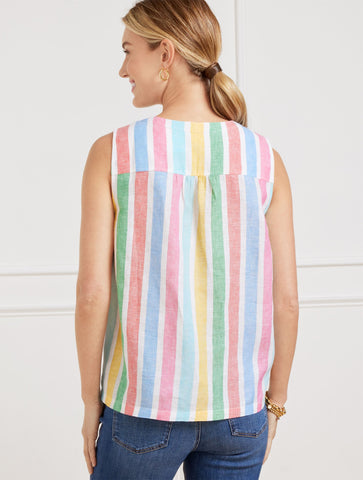 Linen Band Collar Shell - Prismatic Stripe