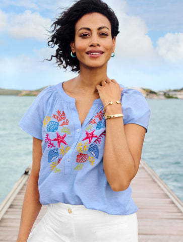 Linen Cotton Top - Embroidered Seashell