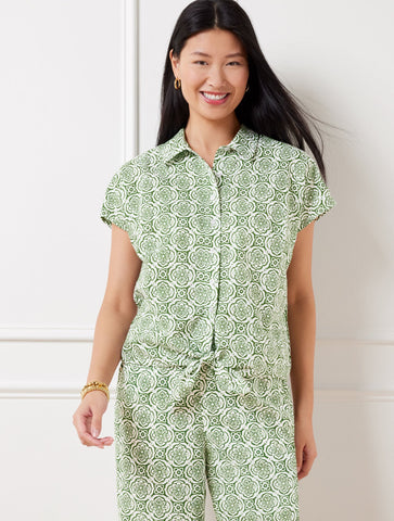 Tie Hem Button Front Linen Top - Pretty Medallion